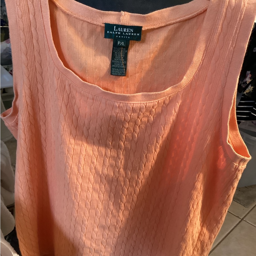 Lauren Ralph Lauren LRL Tank Sweater Women's Size PL Orange Cable Knit